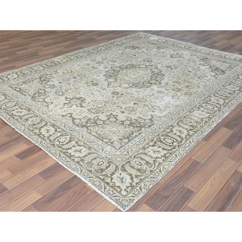 Ivory Hand Knotted Vintage Persian Kashan Worn Wool Oriental Rug 7'7" x 10'1"