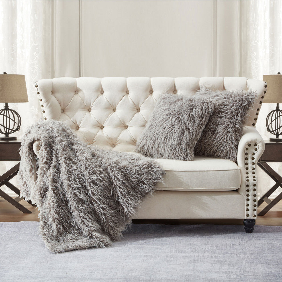 Mongolian Faux Fur 3 Piece Throw Blanket and Pillow Shell Set, Gray, 50"x60"