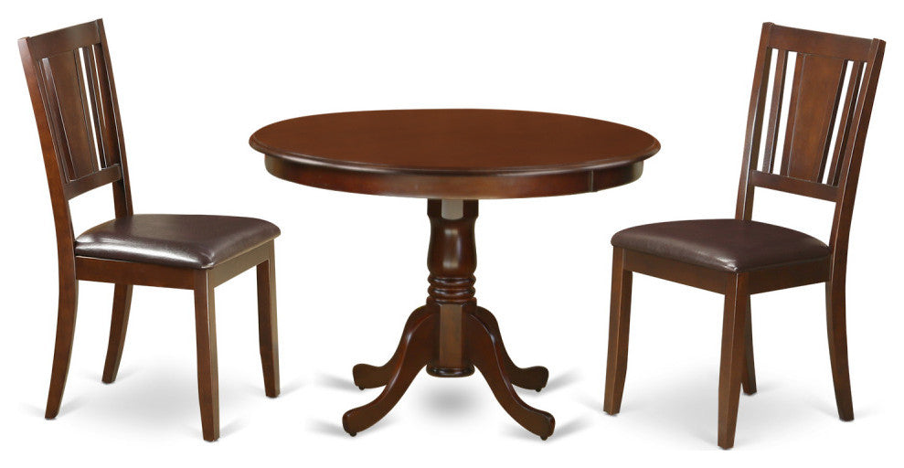 3 Pc Set With A Round Kitchen Table And 2 Leather Dinette Chairs, Mahogany