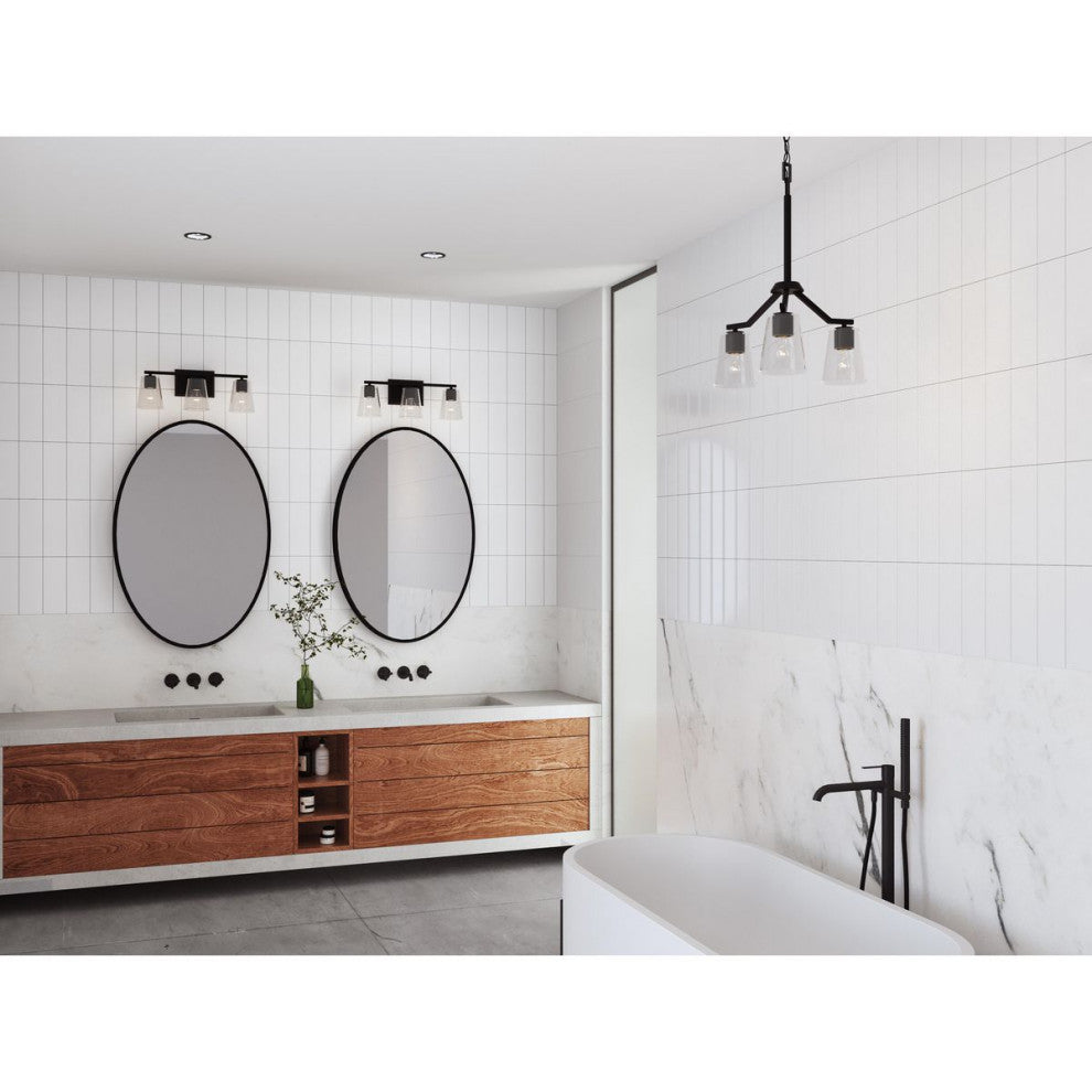 Vertex Collection Three-Light Matte Black Clear Glass Contemporary Bath Light