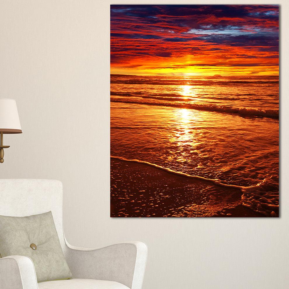 "Colorful Sunset Mirrored in Waters" Modern Beach Canvas Art Print, 20"x40"