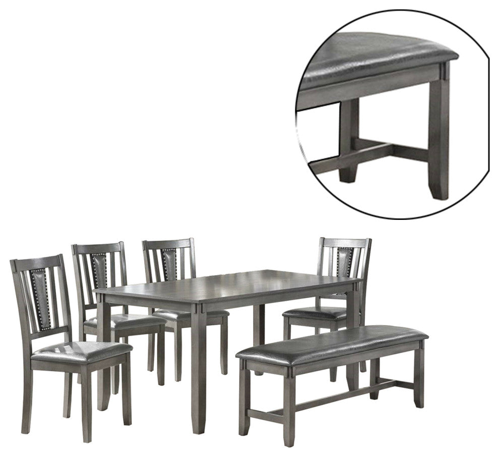 Benzara BM228549 6 Piece Dining Set with Leatherette Padded Chair & Bench, Gray