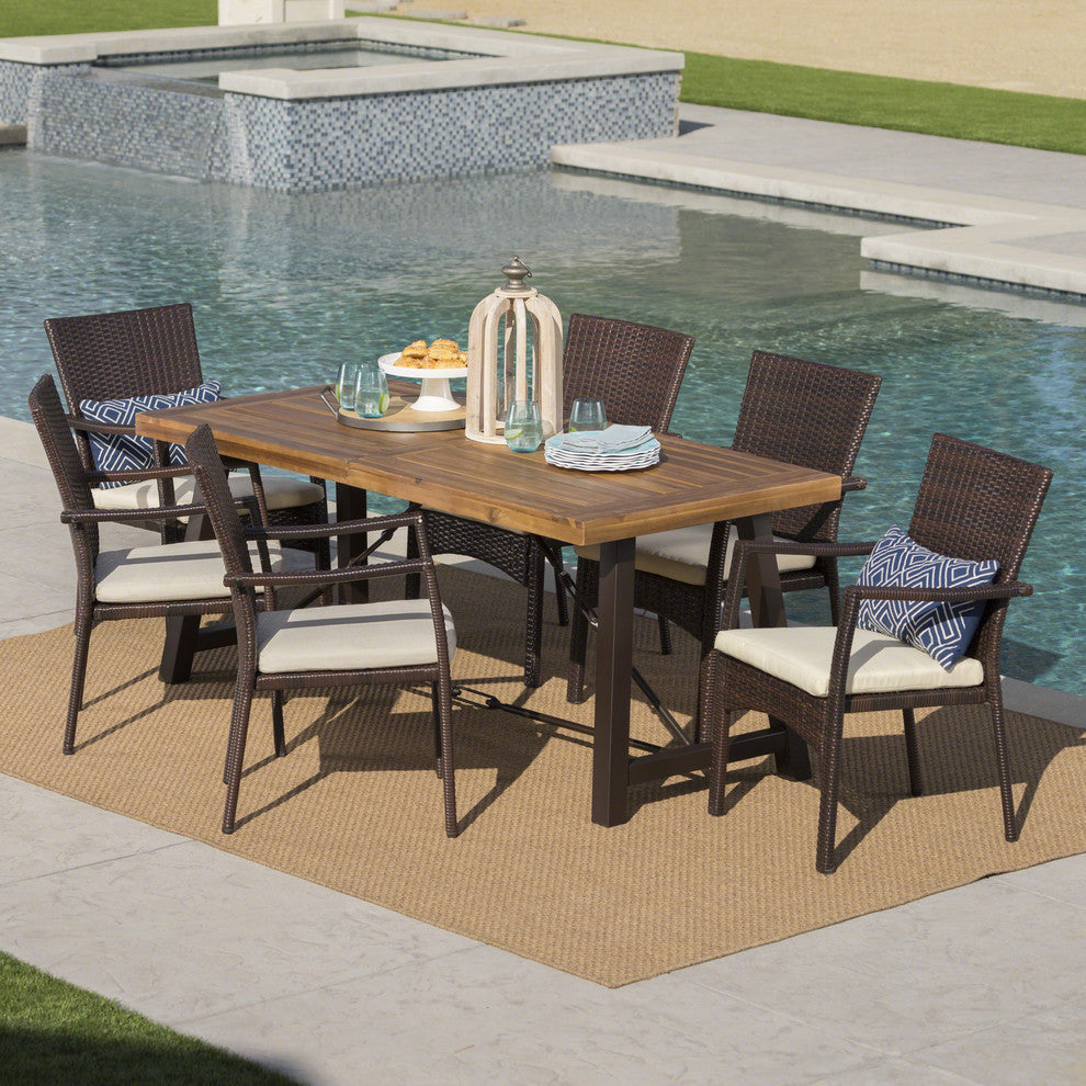 GDF Studio 7-Piece Landon Outdoor Dining Set With Teak Table and Brown Chairs