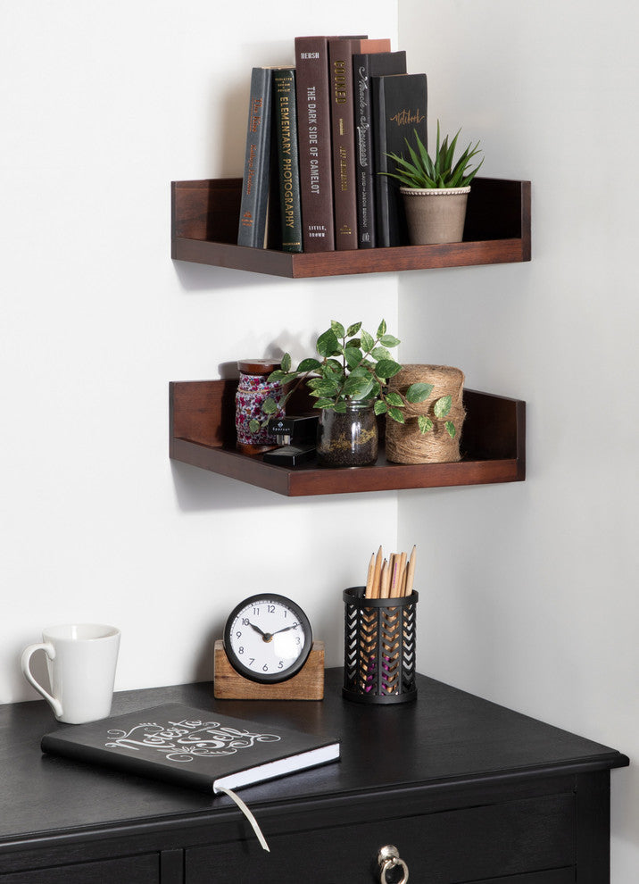 Levie Floating Corner Wood Wall Shelf Set, Walnut Brown