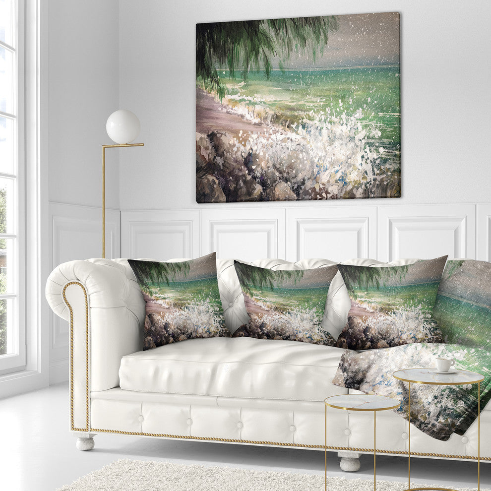 Rocky Seashore with White Waves Seashore Throw Pillow, 16"x16"