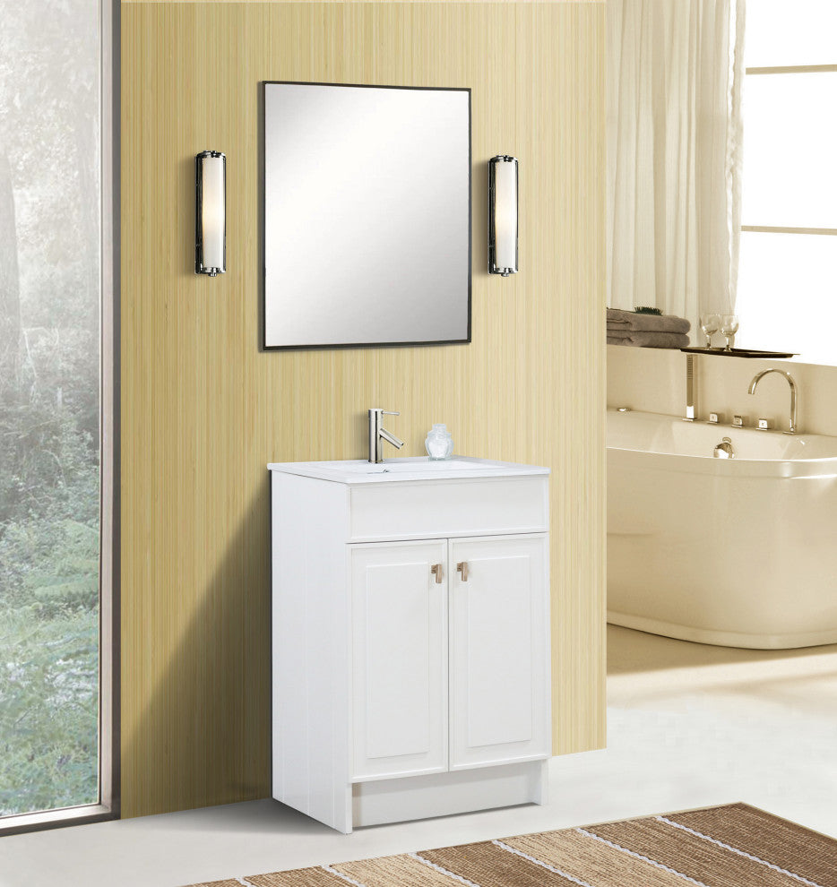 SmartFold 24" Single Sink Vanity, White With White Ceramic Top, Brushed Nickel