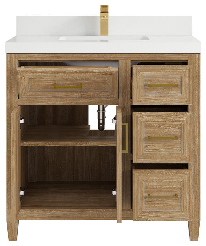 Santa Monica 36 Center Sink Bath Vanity in Whitewashed Teak 2" White Quartz