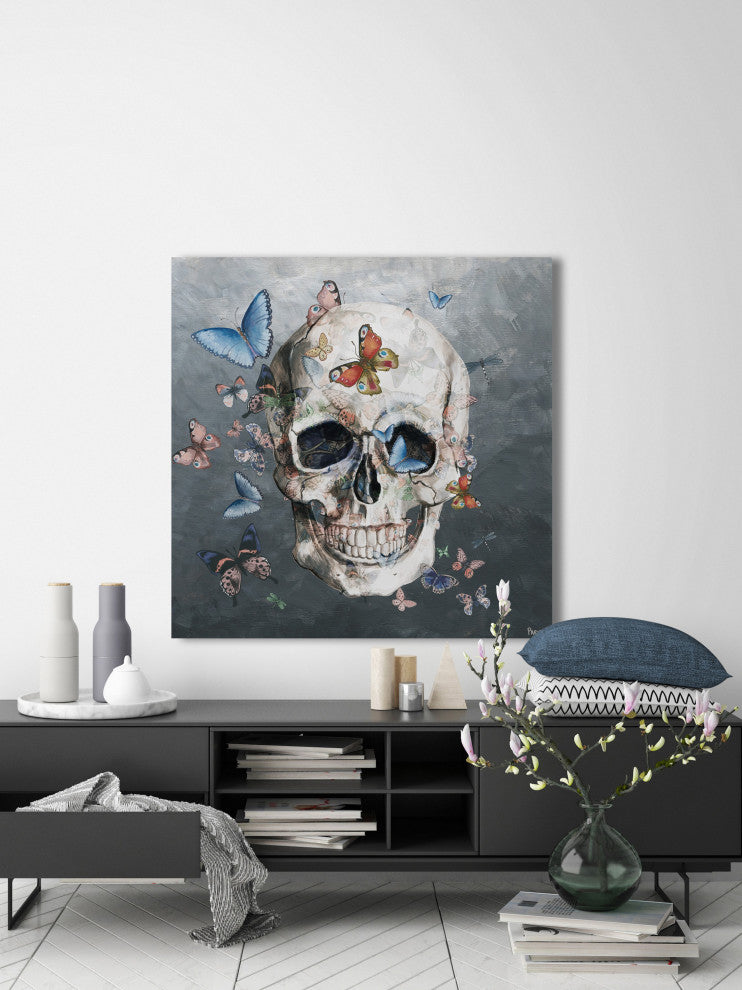 "Tinted Happy Butterfly Skull" Painting Print on Wrapped Canvas, 32"x32"