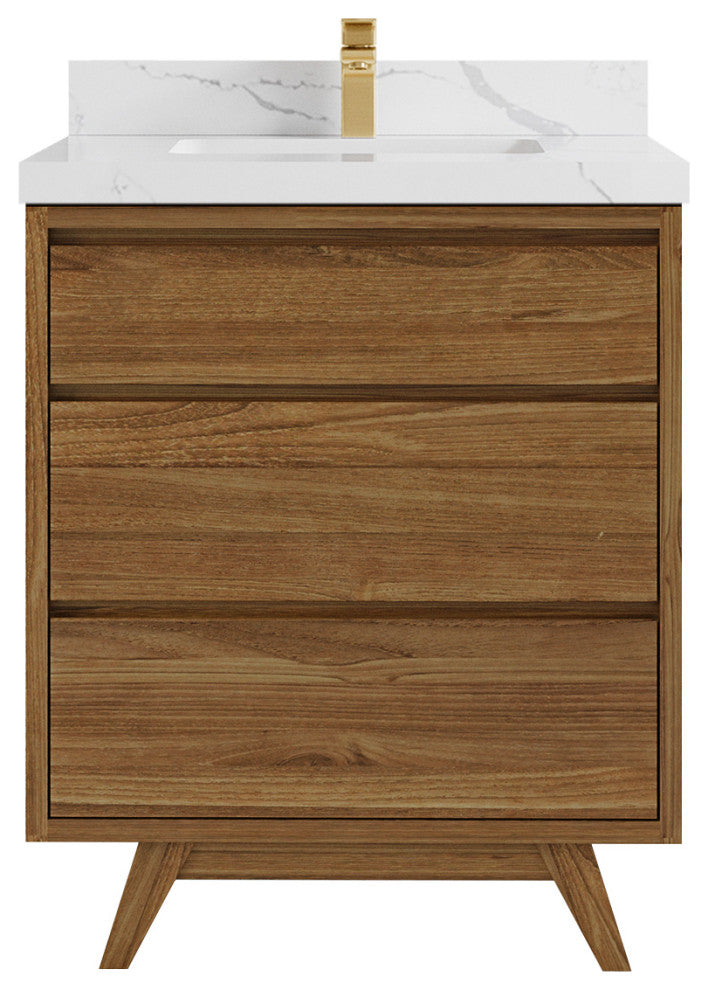Madison Teak 30 Single Sink Bath Vanity in Dark Natural 2" Calacatta Laza