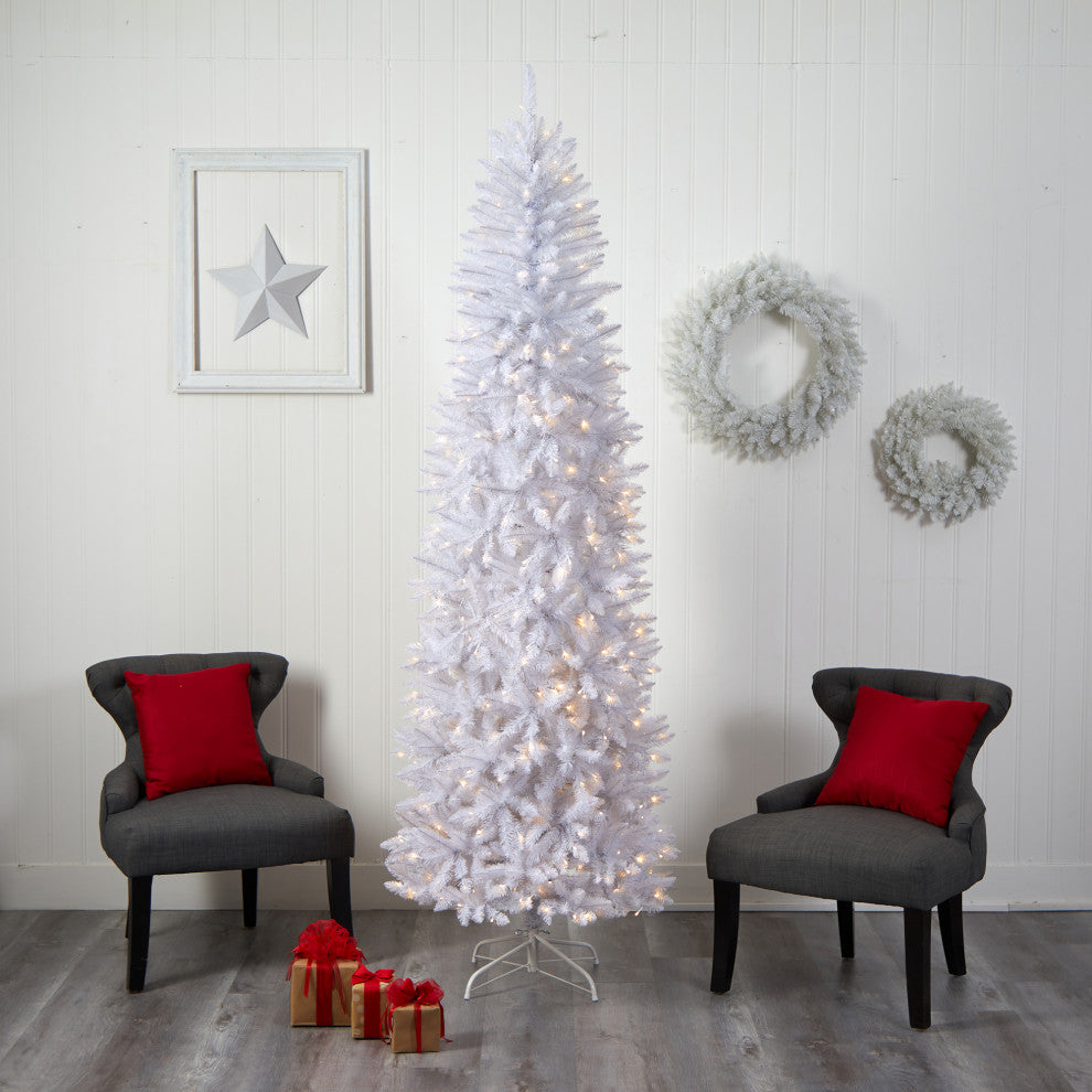 8' Slim White Faux Xmas Tree W/400 Warm White Lights & 1348 Bendable Branches