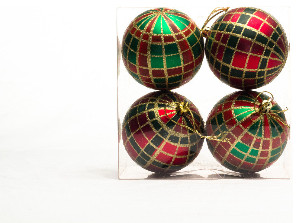 80Mm 3" Green, Red And Gold Plaid Ball Ornament, 4 Pack