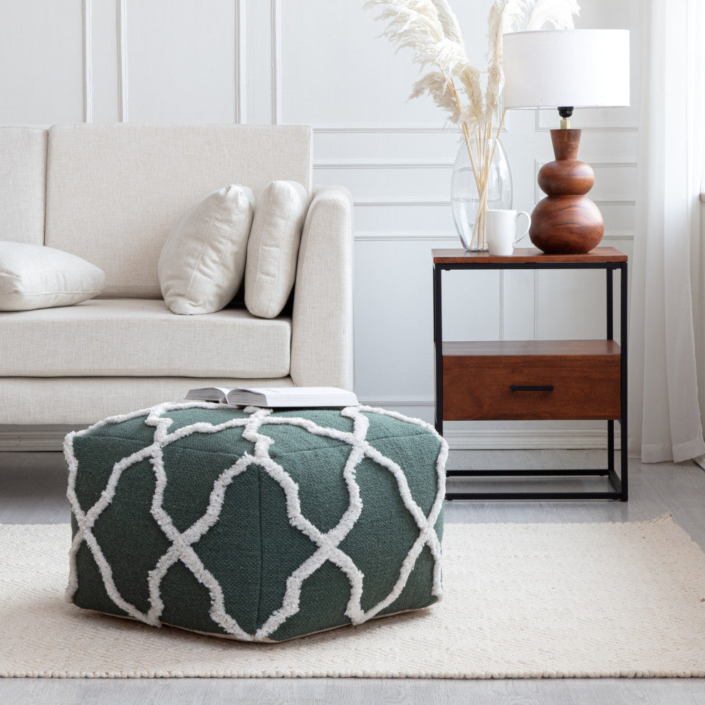 Forest Trail 22" x 22" x 16" Green and Ivory Pouf