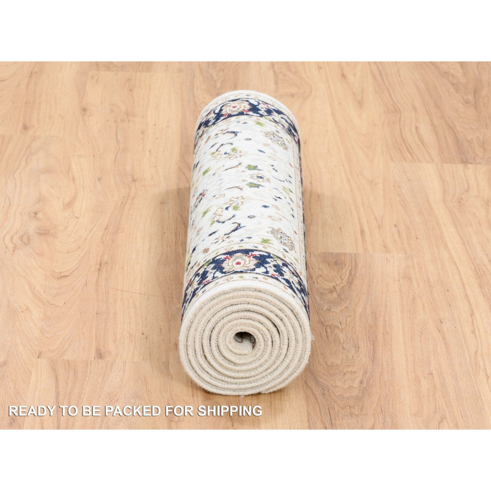 Ivory, Hand Knotted Nain, 250 KPSI Wool and Silk Runner Rug, 2'7" x 8'3"