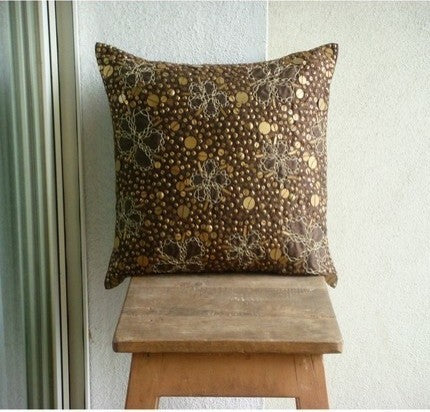 Brown Metal Sequins 26"x26" Silk Euro Pillow Shams, Total Sophistication