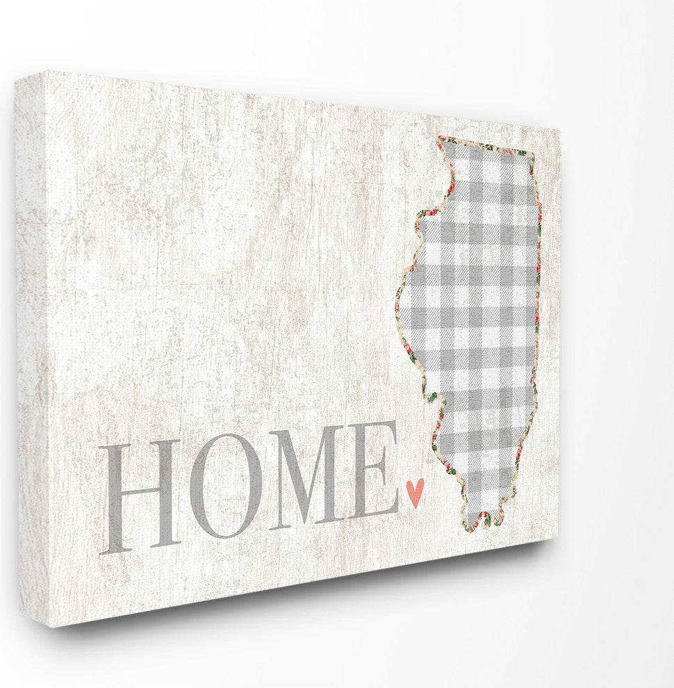 Illinois Gray Gingham & Floral Heart & Home Canvas Wall Art, 16"x20"