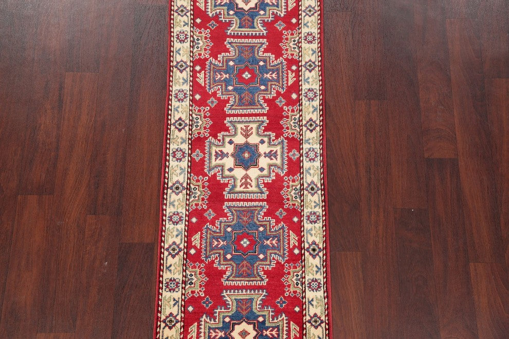 Traditional Oriental Kazak Hand-Knotted Pakistani Runner Rug, Red, 6'1"X2'0"