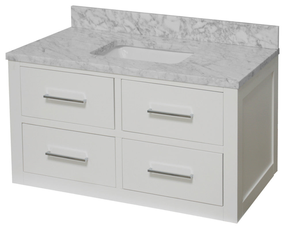 Helsinki 42" Floating Wall Mounted Bathroom Vanity, White, Carrara Marble