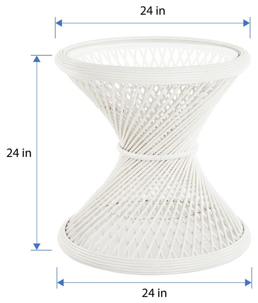 Peacock Rattan Side Table With Glass Top, White