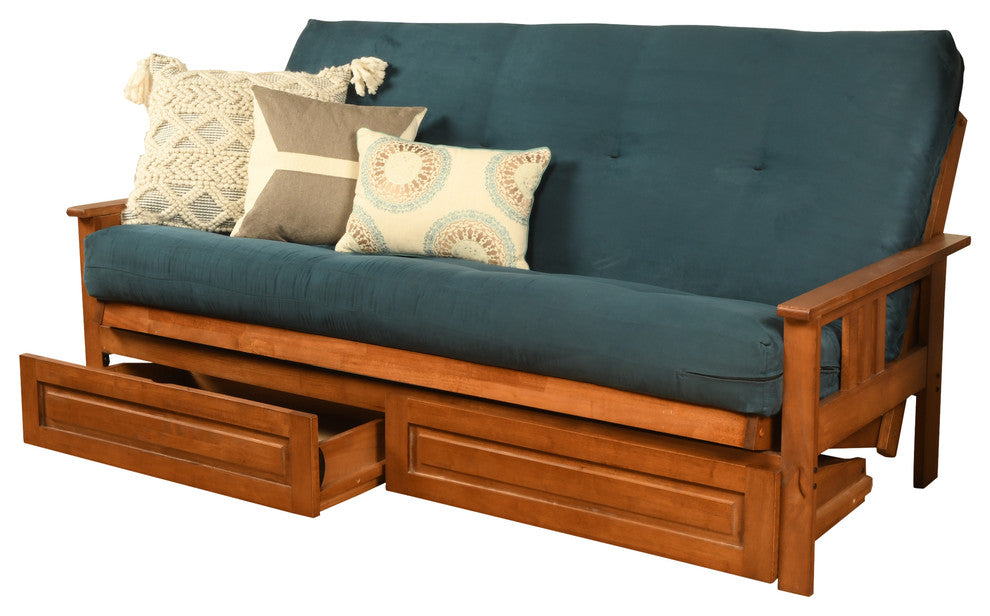 Caleb Frame Futon With Barbados Finish, Storage Drawers, Suede Blue