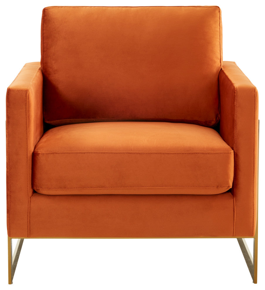 LeisureMod Lincoln Velvet Accent Armchair With Gold Frame, Orange Marmalade