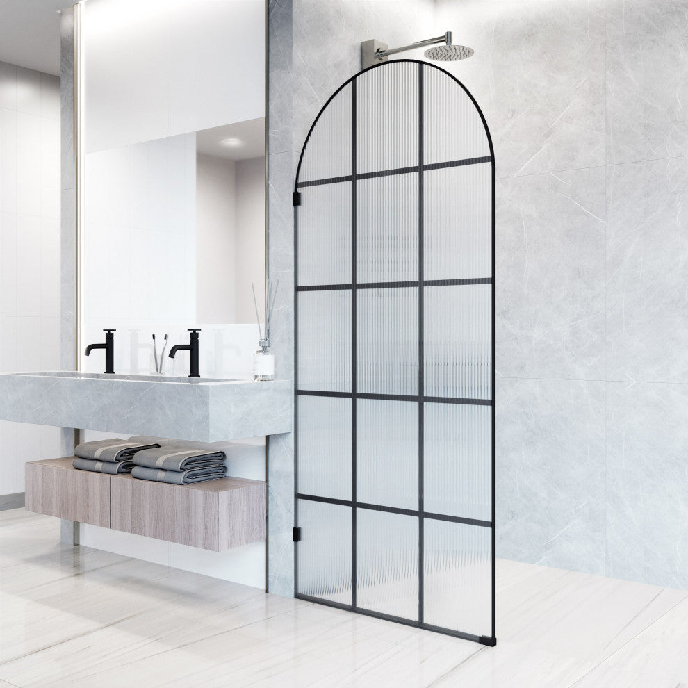 VIGO Arden 34" W x 78" H Framed Fixed Shower Screen, Grid, Fluted Glass, Matte Black