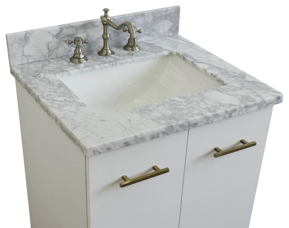 25" Single Sink Vanity, White Finish With White Carrara Marble