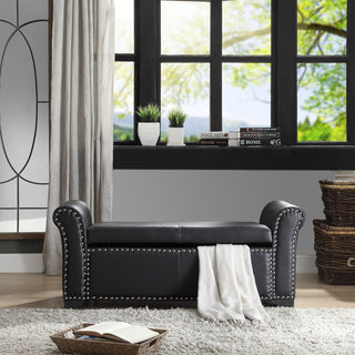 Veber PU Leather Nailhead Trim Storage Ottoman Bench, Black