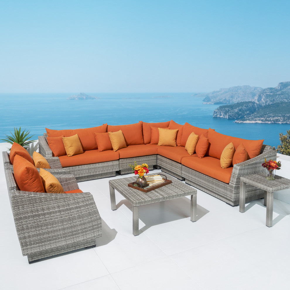 Cannes 9 Piece Sunbrella Outdoor Corner Sectional and Club Chair Seating Set, Tikka Orange
