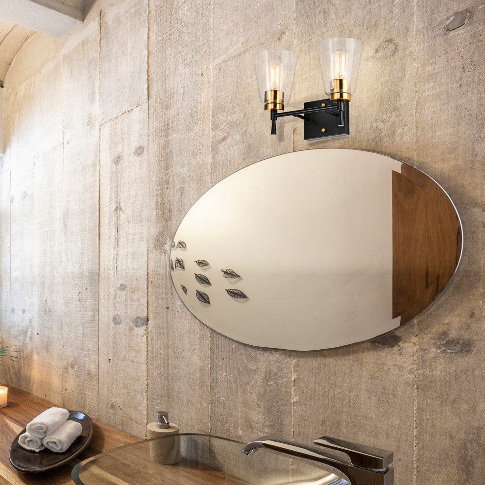 13 in. 2-Light Black and Antique Brass Vanity Light With Clear Glass Shades