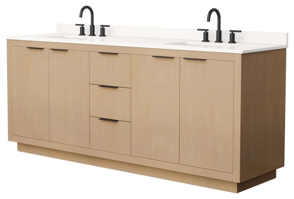 Maroni 80" Light Straw Double Vanity, White Quartz Top, 3-Hole, Black Trim
