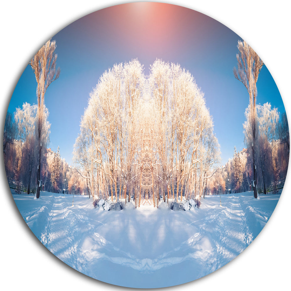 Horizontally Flipped Winter Trees, Seashore Round Metal Wall Art, 23"