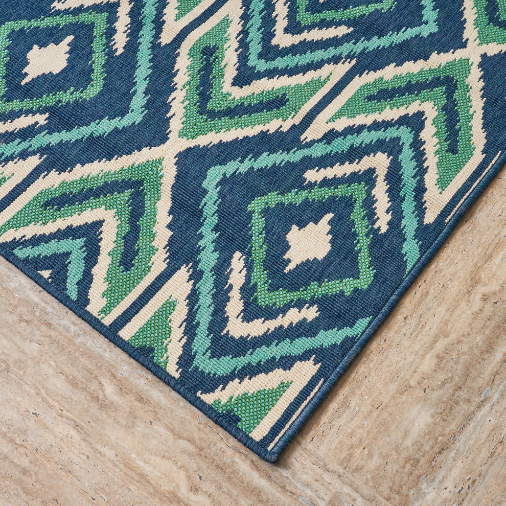 GDF Studio Heather Outdoor Geometric  Area Rug, Navy and Green, 5'x8'