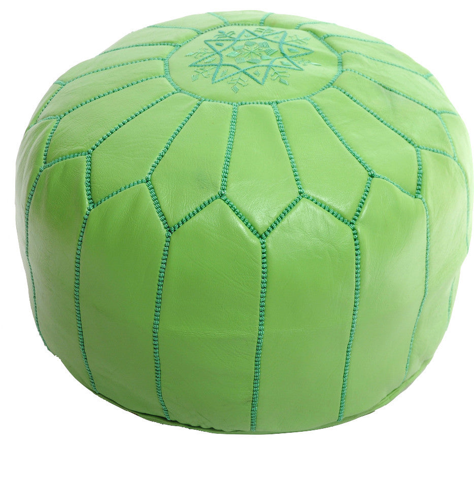 Moroccan Leather Pouf, Lime Green