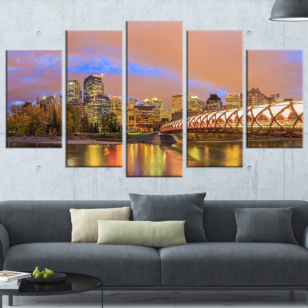 "Calgary at Night" Cityscape Photography Canvas Print, 5 Panels, 60"x32"