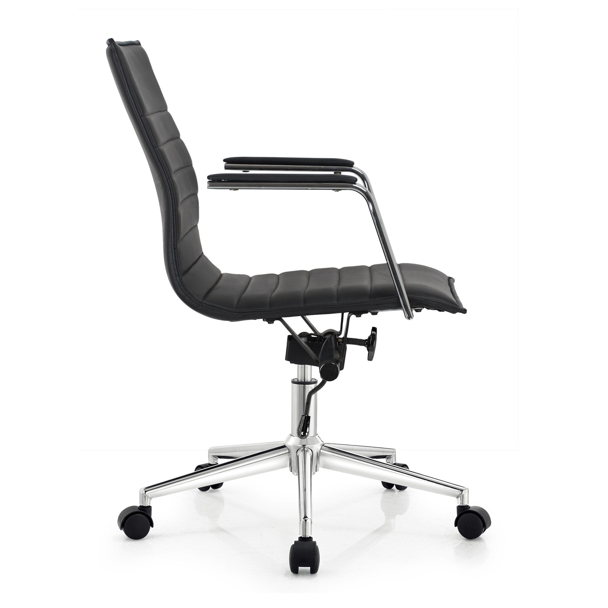 Modern Office Arm Chair With Wheels  Mid Back Ribbed PU Leather Adjustable, Black