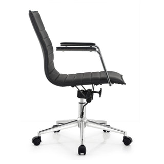 Modern Office Arm Chair With Wheels  Mid Back Ribbed PU Leather Adjustable, Black