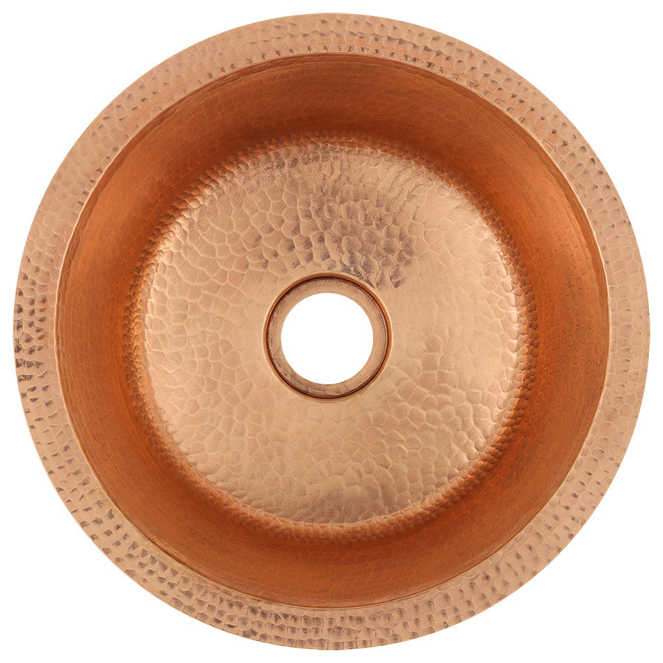 14" Round Hammered Copper Bar Sink, 2" Drain Opening, Polished Copper