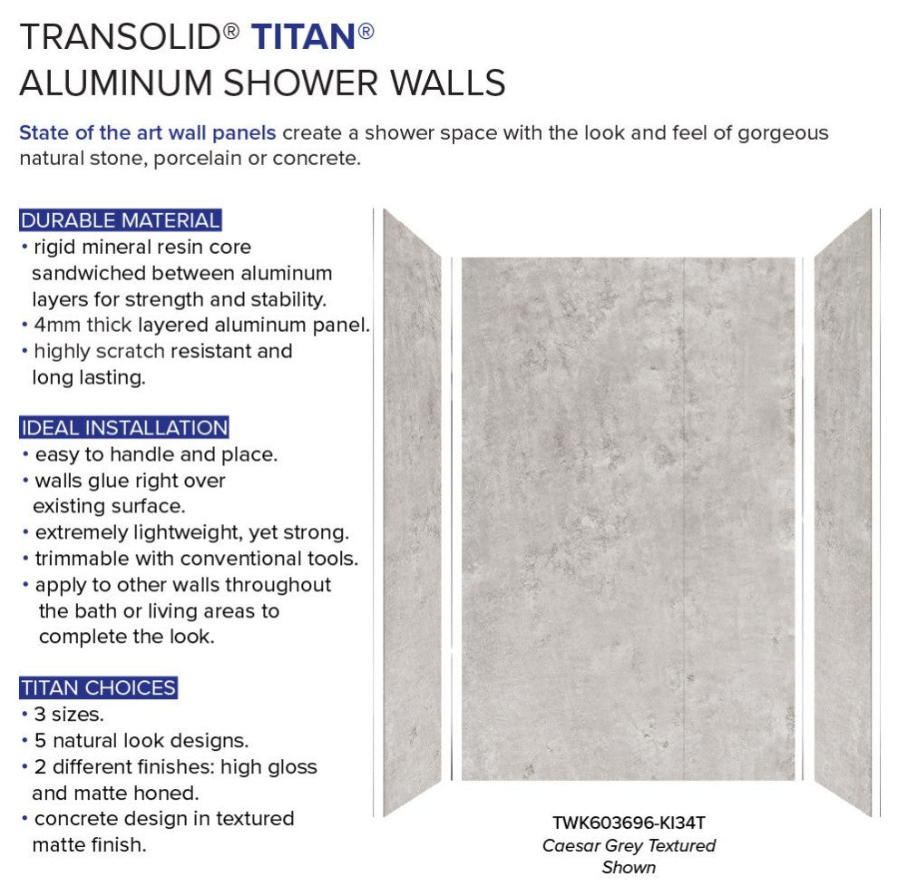 Transolid Titan Shower Wall Kit, Caesar Grey (Textured), 60-in X 36-in X 96-in