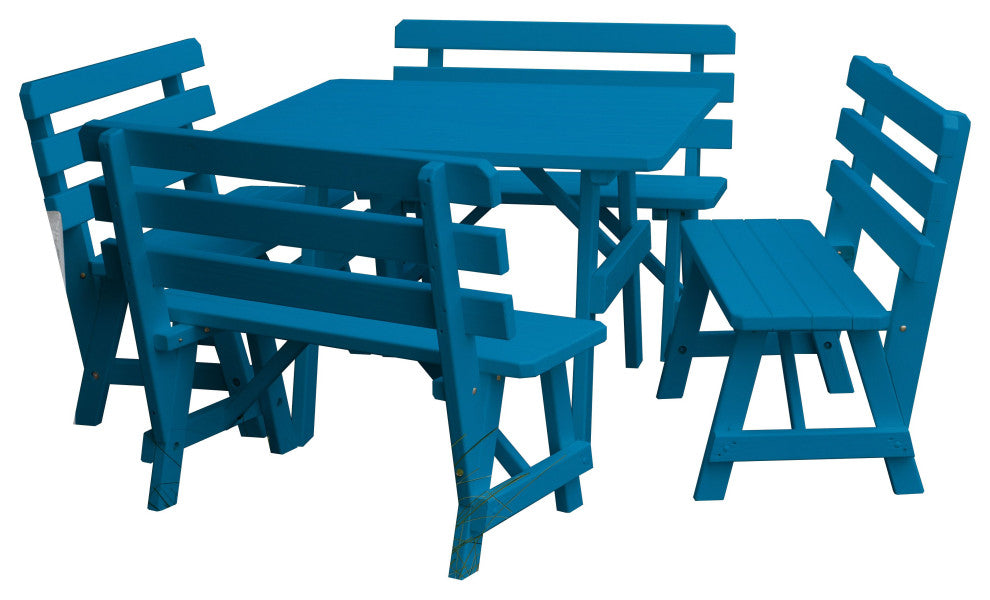 Pine 43" Square Table with Backed Benches, Caribbean Blue