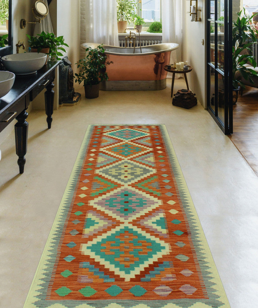 Sangat Kilim Irfan Rust/Light Blue Runner, 2'9x8'3