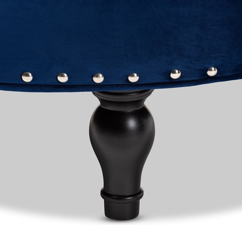 Transitional Blue Velvet Fabric Upholstered Button Tufted Cocktail Ottoman