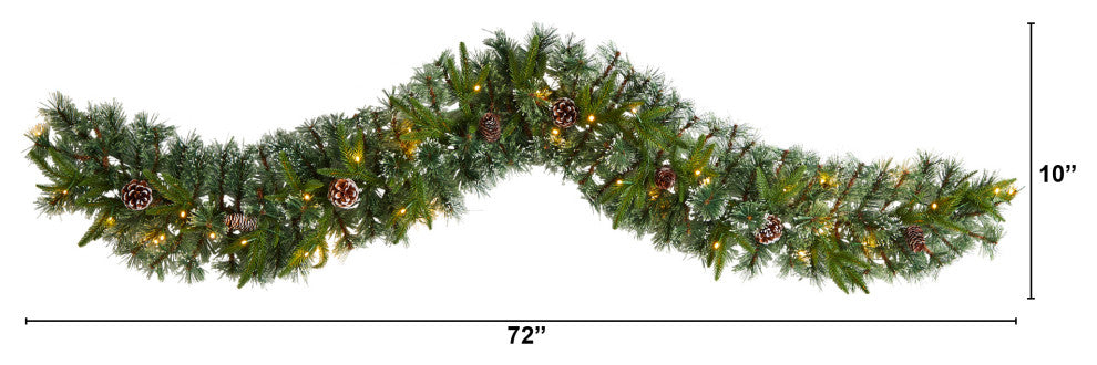 6' Snow Tipped Christmas Artificial Garland With 35 Clear LED Lights/Pine Cones