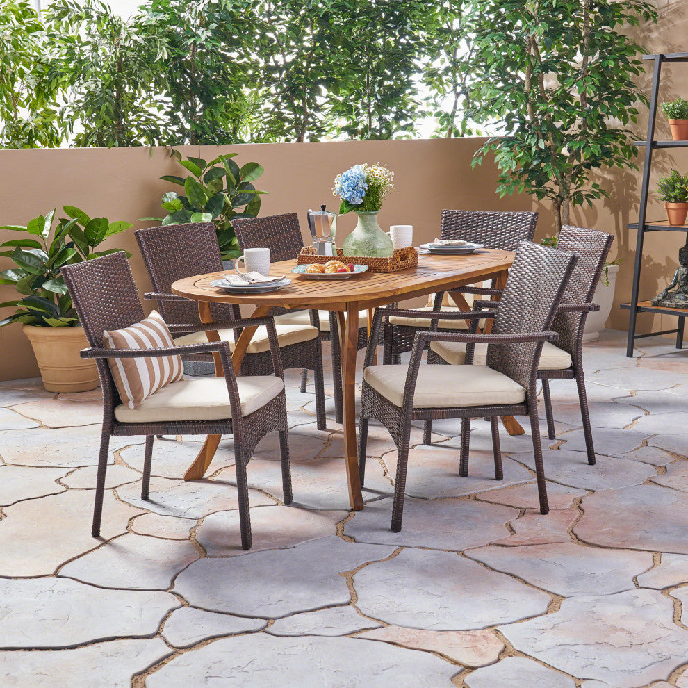 GDF Studio 7-Piece Polk Outdoor Acacia Wood and Wicker Dining Set, Teak/Brown
