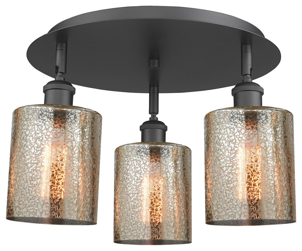 Cobbleskill-3 Light 17" Flush Mount-Matte Black, Mercury Glass Shade