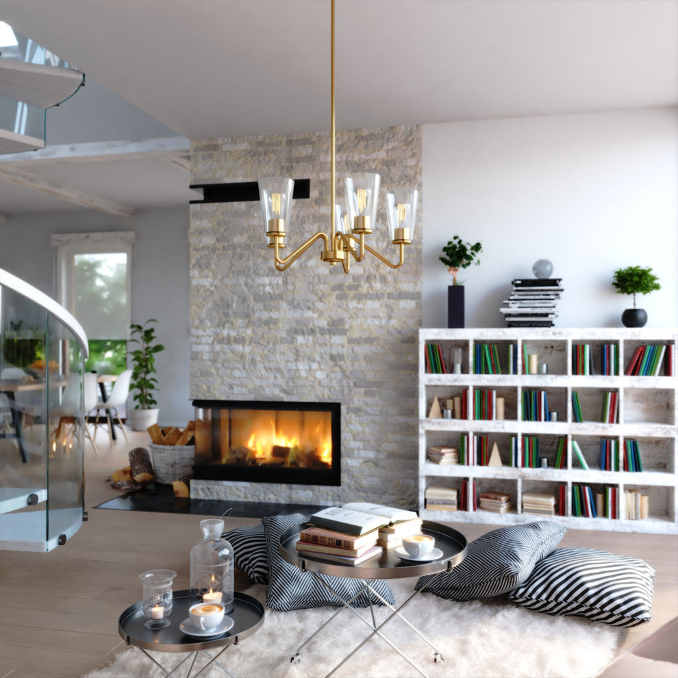 Beverly 5 Light Gold Muted Brass Chandelier Fixture Clear Glass Shade