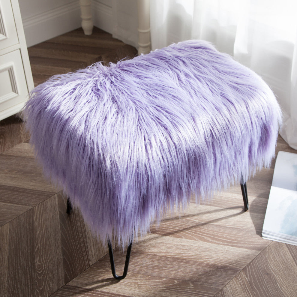 Mongolian Fur Ottoman, Lavender, 19''x13''x17''