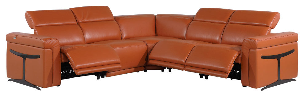 Giovanni 5-Piece 3-Power Reclining Italian Leather Sectional, Camel