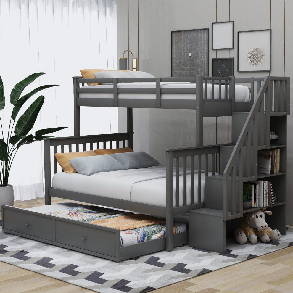 Gewnee Wood Twin-Over-Full Bunk Bed with Trundle and Stairway, Gray
