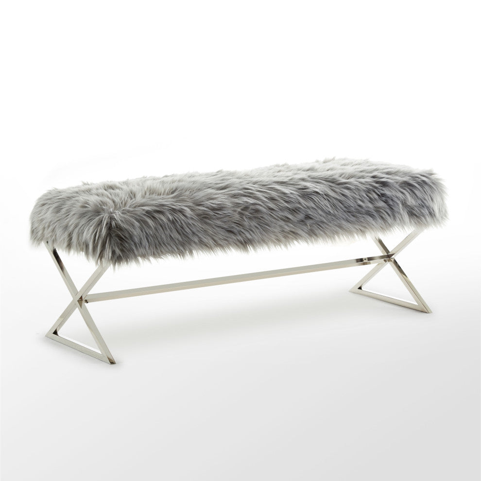 Oria Faux Fur X-Leg Base Bench, Gray and Chrome