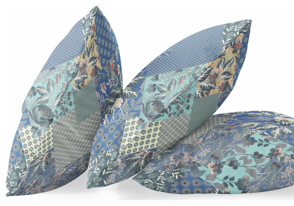 26" Gray Blue Boho Floral Indoor Outdoor Throw Pillow